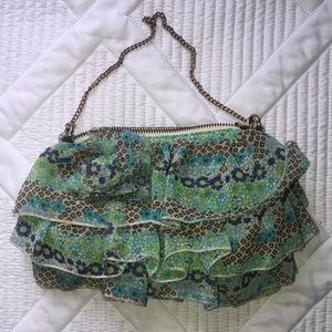 Gap Women’s Small purse with chain Teal brown cream and greens. Sheer fluttery